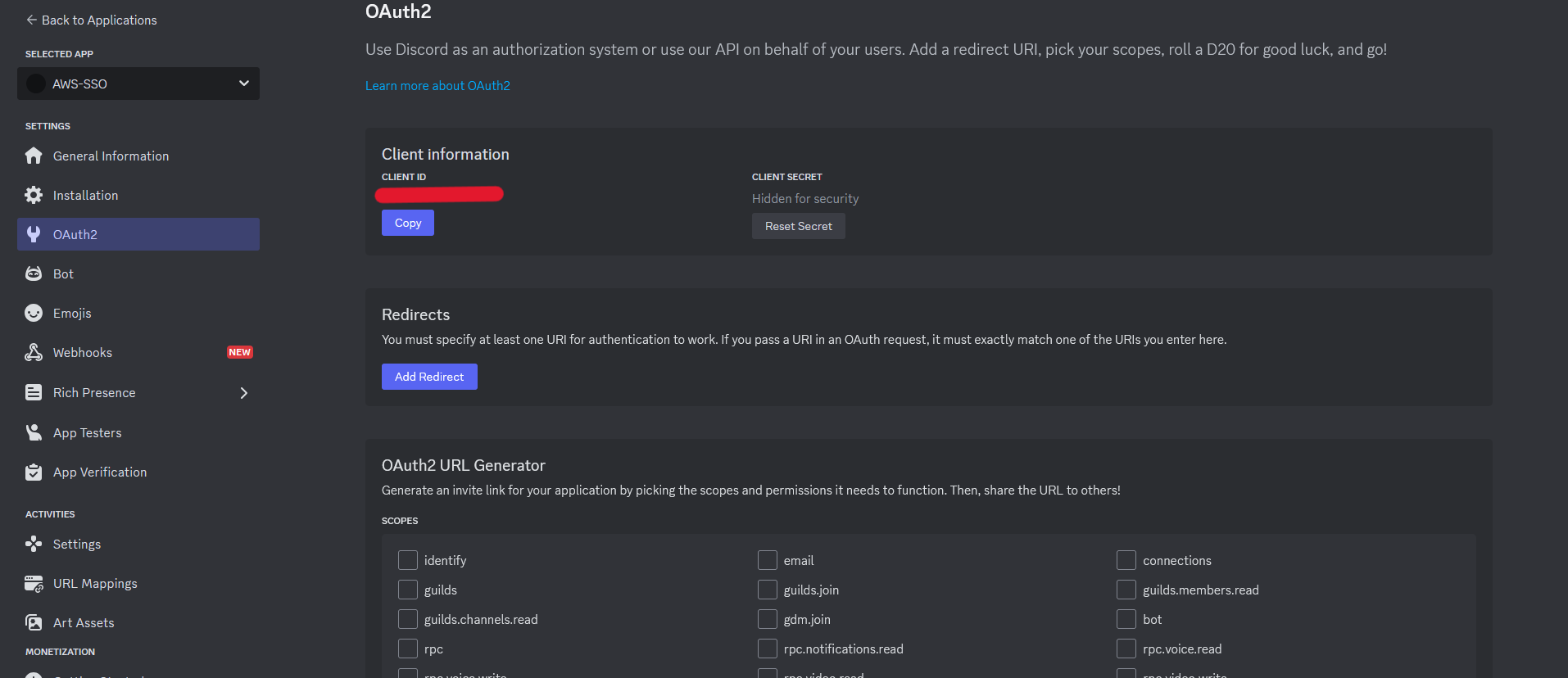 Discord ApplicationのClient IDとClient Secret取得