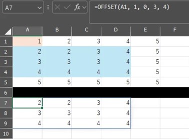 A1からE5まで数字が入っており、OFFSET関数でA2からD4までを取得している様子