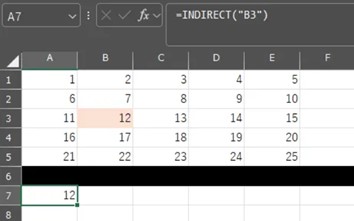 A1からE5まで数字が入っており、INDIRECT関数によって、B3セルの値である12が返されている