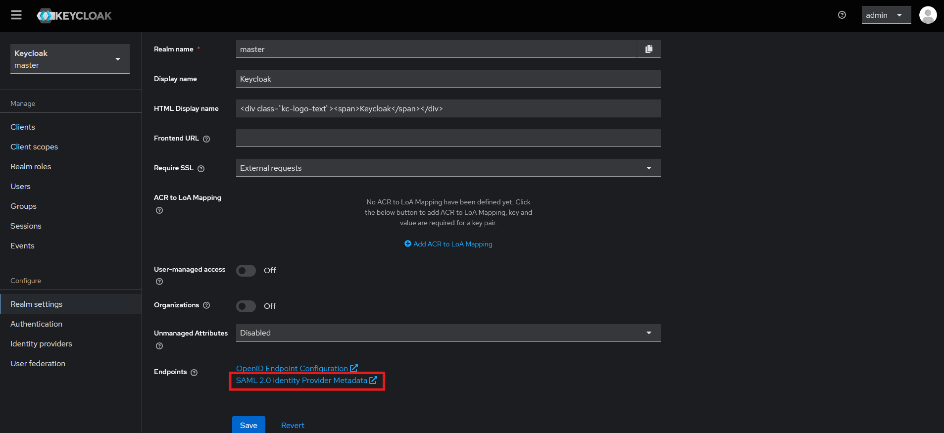 「Realm settings」の「SAML 2.0 Identity Provider Metadata」からXMLを取得する