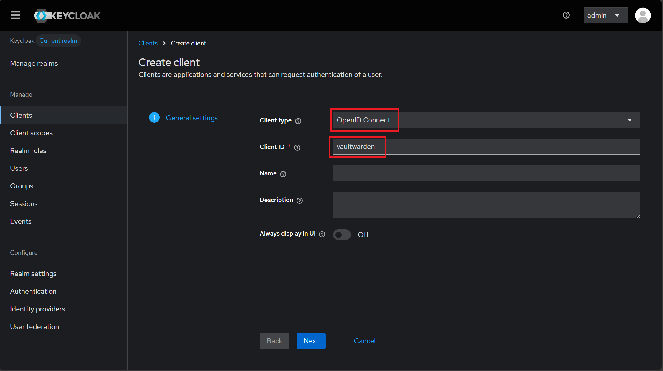 Create client画面。Client typeに「OpenID Connect」、Client IDに「vaultwarden」を設定している。