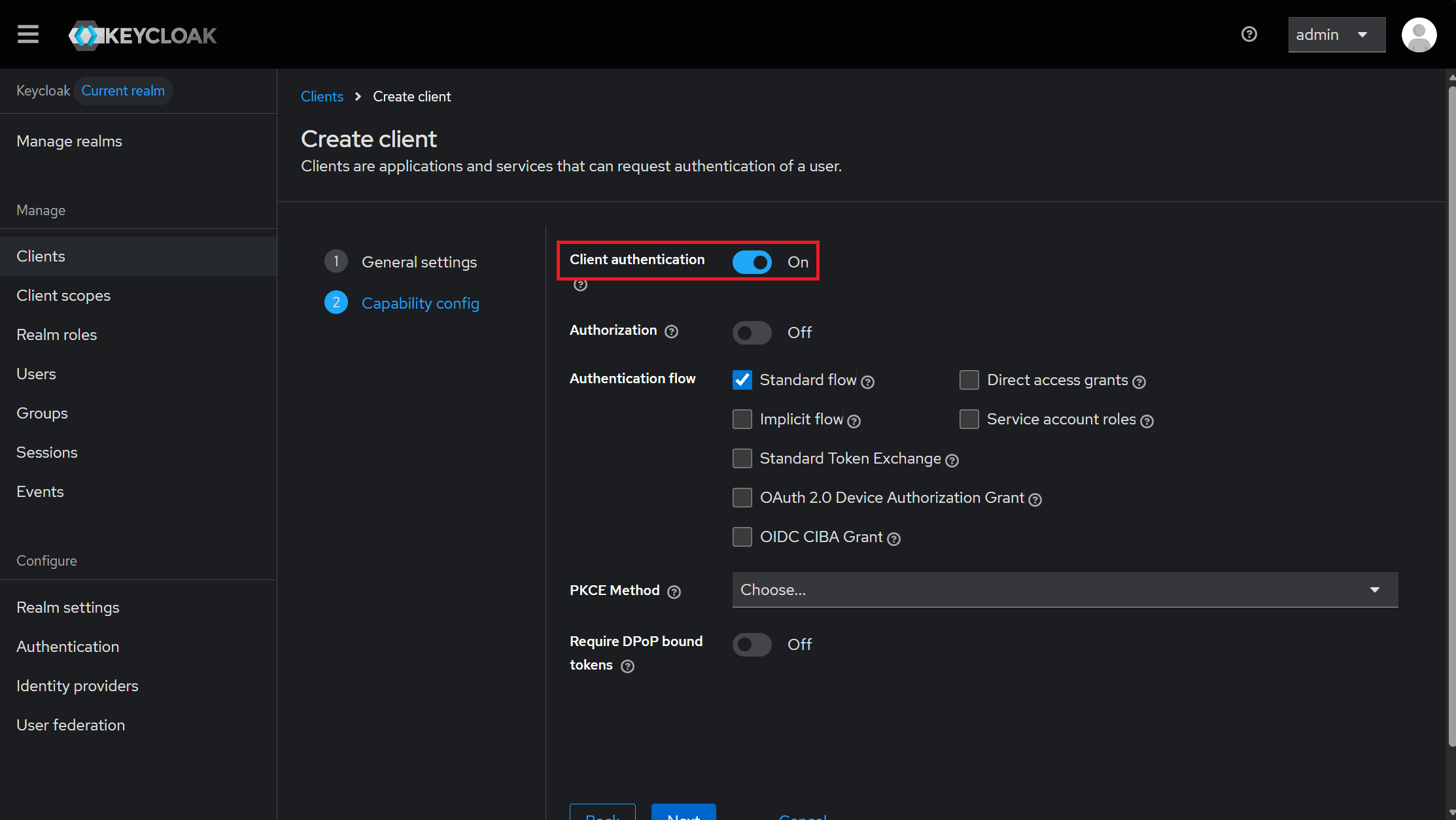 Create clientのCapability config画面。「Client authentication」がOnに設定されハイライトされている。