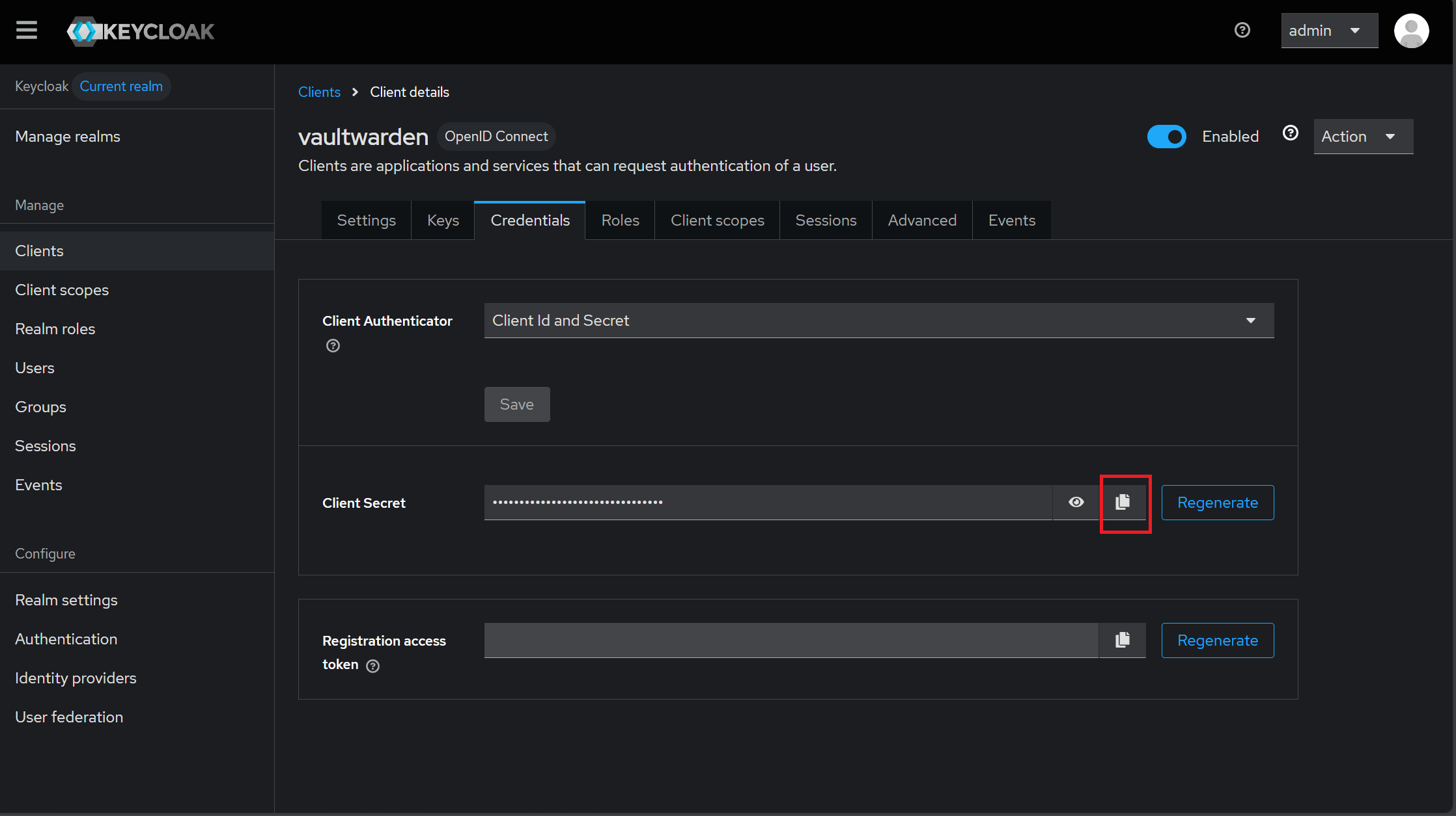vaultwardenクライアントのCredentialsタブ。Client Secretのコピーボタンがハイライトされている。