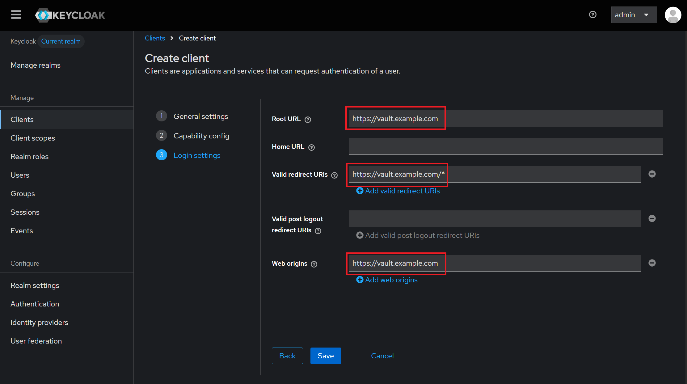 Create clientのLogin settings画面。Root URL、Valid redirect URIs、Web originsにVaultwardenのURLを設定している。