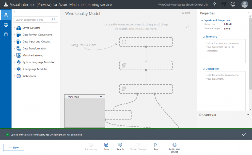 The appearance of Azure Machine Learning Visual Interface